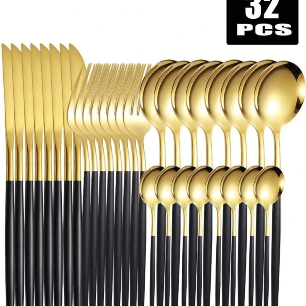 Elegant Gold and Black 32-Piece Cutlery Set - Picture 1 of 1